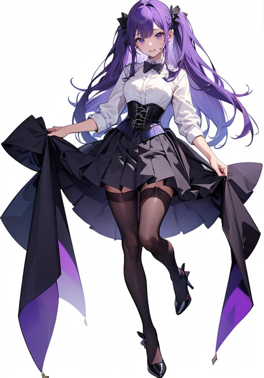 Purple Hair,long hair,Adult female,(suit),White Y-shirt,((Rolling up his sleeves)),(corset),(Black tight skirt),(High heels),Heels are visible,((Simple white background)),smile,((whole body)),((full body)),