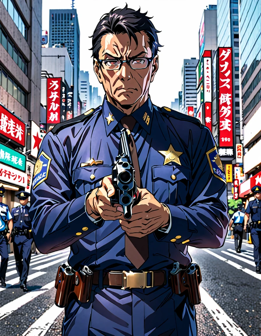 masterpiece, high quality, 1boy, middle aged man, anime style, japanese policeman, police captain, police commissioner, black hair, hazel eyes, glasses, (holding a gun, holding a pistol, holding a 357 magnum revolver), tokyo city street backdrop, solo, solo focus