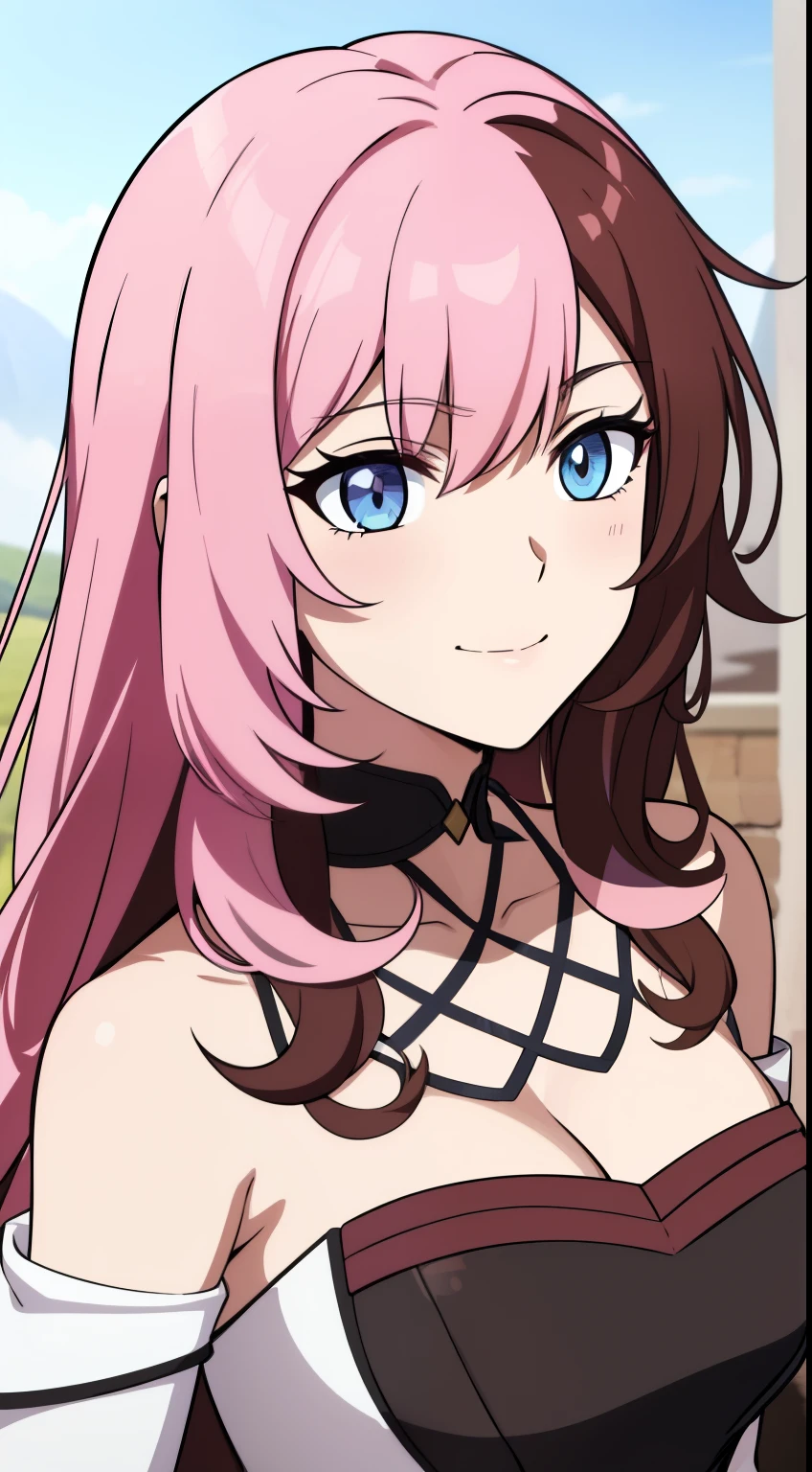 (high-quality, breathtaking),(expressive eyes, perfect face) Symmetrical Eyes, portrait, 1girl, pink and brown hair color, multicolored hair, yellow highlights, bright blue eyes, blue and white armor, black curly hair, wavy hair, bare shoulders, smiling, fantasy armor, Neopolitan RWBY, detached sleeves, long hair length, black shawl
