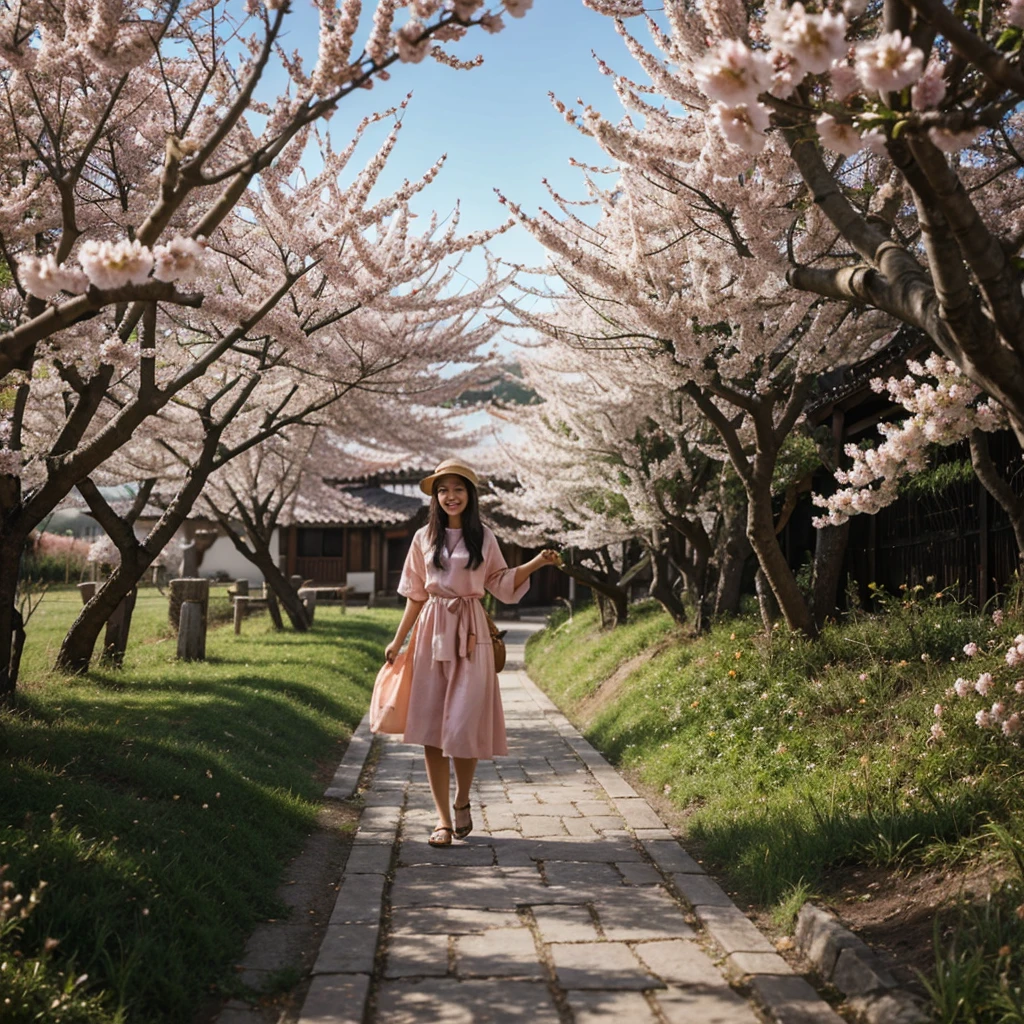 El viento del este recoge la ropa de primavera., y camina para encontrar fragancia y regresa. Peach blossoms reflected in red smile, y los sauces cubiertos de verde y las golondrinas vuelan juntos. Caminos sinuosos y errantes, shame about vanilla., melancholy Qiao Lin hanging Luohui. Remember where Yanju is currently., Chaifei is on the west side of the restaurant.. pintura tradicional china