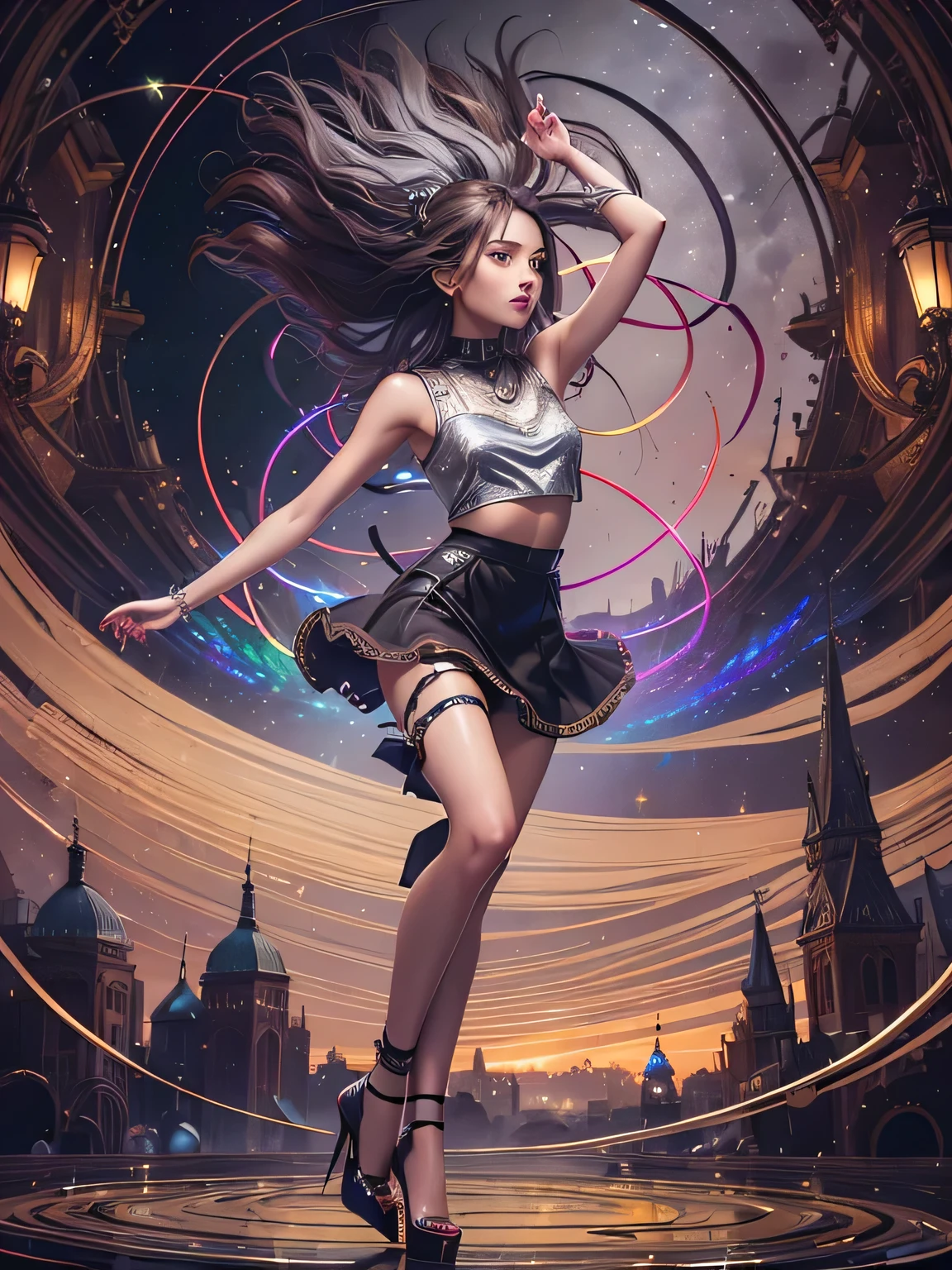 (dark brown eyes:1.2),1 girl、long legs,Silver Hair、Dark brown eyes、Shining Eyes、Crop top、mini skirt、Parted lips、1woman wearing trendy clothes, in an abstract oil painting style, fashion show, The painting is ultra-high detailed and has a resolution of 8k, showcasing the best quality and craftsmanship,with a touch of fog, creating a mysterious atmosphere , luminous design, vivit colours,spring lights,Artistic,azure, red, (Bare legs:1.1), (black high heels), black short skirt