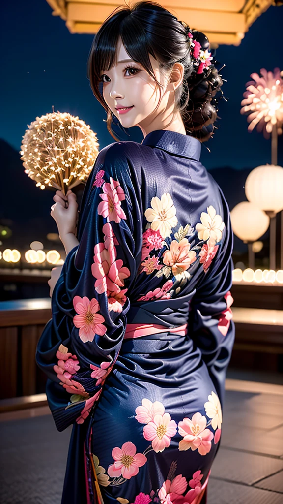 AIBeauty、Real Beauty、Yukata Prompt、Fireworks display、Night view、Heart patterned yukata、Show off your whole body、Beautiful woman looking back