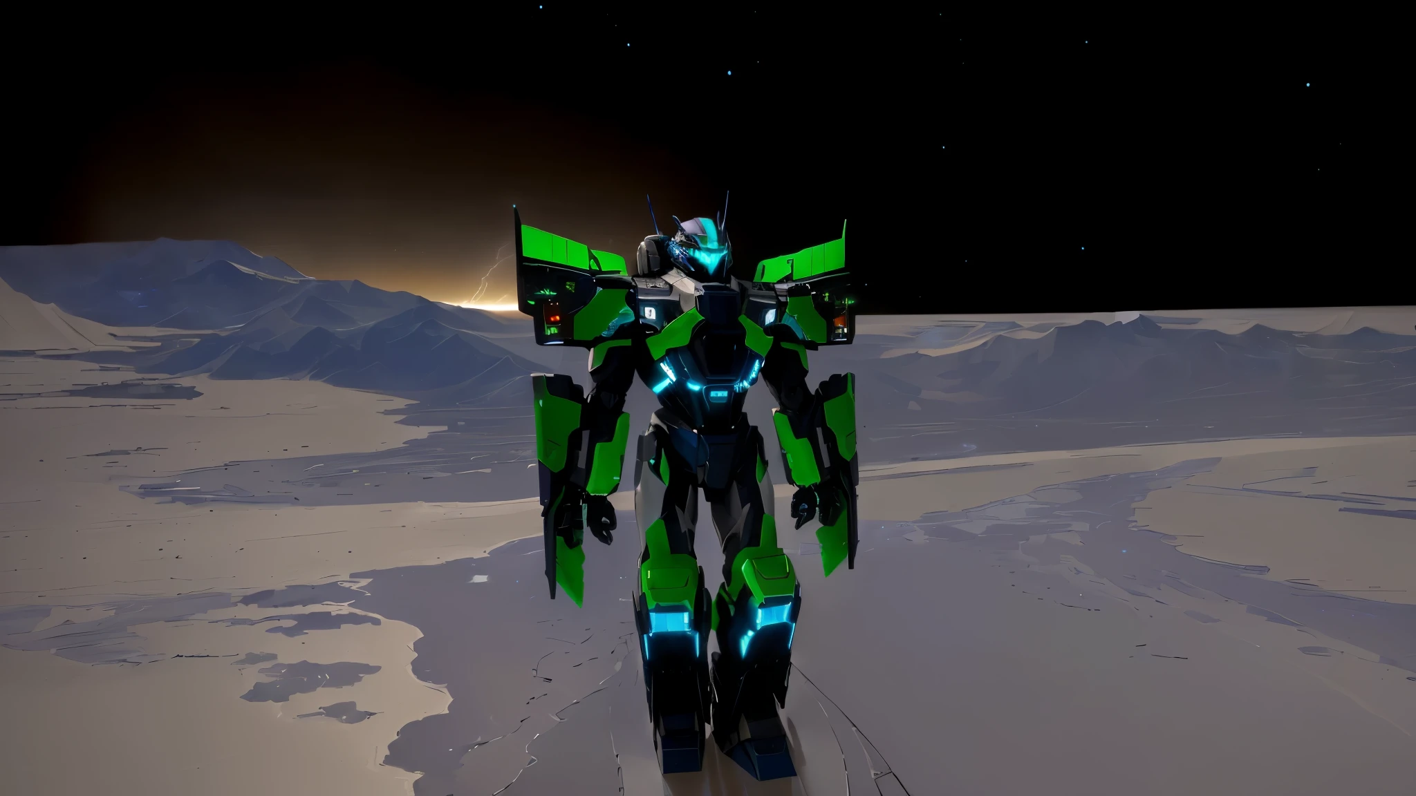 a black colored male transformer with green inserts, symmetrically arranged green parts, on the frontof the body not transparent cabin, on the back - aircraft's wings, arms from elbows to hands look like the front part of a aircraft, wheels are visible on the shoulders, on the legs from knees to the ankle there are aircraft's repulsors and small aircraft's tail wings, no helmet, light blue eyes, two legs, two arms, not a suit, on a background there is an empty dark blue metal desert, no buildings, no structures, dark blue storm clouds, light blue lightning from the clouds, blue river, river to the horizon, electrified river, light blue lightning from the river, space sky, stars in the sky, composition on the metal planet, big metalic planet, dark-blue metal, shiny metal, cybertron, mechanical planet, empty wasteland, dark blue storm clouds, light blue lightning from clouds, blue river, river to horizon, electrized river, light blue lightning from river, space sky, stars on the sky, realistic, watercolor, 4k, high quality, hight attention to details, concept art, concept art by Chris Mowry.