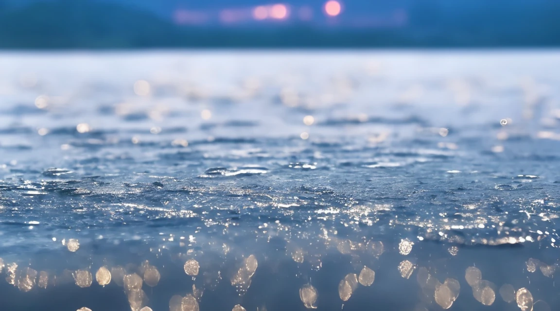 A lot of rain is falling on the mirror-like surface of the water, and it keeps raining all the time, (Photographic, Best Quality, High Quality, Highres:1.4), Detailed, Extremely Detailed, Ambient Soft Lighting, 4K, Background, Depth of Field,