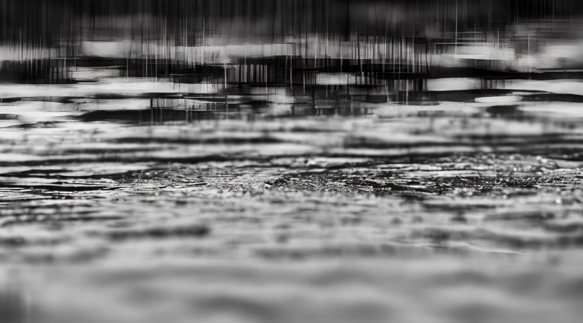 A lot of rain is falling on the mirror-like surface of the water, and it keeps raining all the time, (Photographic, Best Quality, High Quality, Highres:1.4), Detailed, Extremely Detailed, Ambient Soft Lighting, 4K, Background, Depth of Field, 