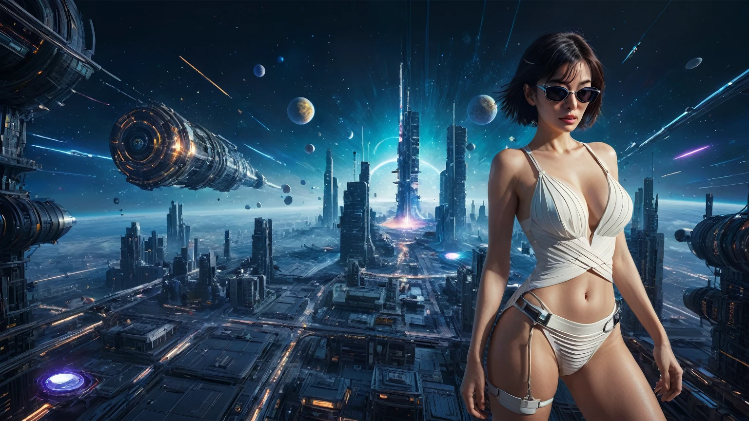 at night, ((a large-breast:1.2 lingerie slim:0.6 GIRL with black micro sunglasses)), ((holding a pistol)), aerial view of an ultra-futuristic megalopolis, tall metal buildings and houses in dark colors from dark blue to black, shades of metal gray, smoky metal structures, industrial environment with fog around, dark cars on the streets, desert megalopolis, modern metal rails and trains passing through, ((futuristic space station)), realistic, detailed, sci-fi.