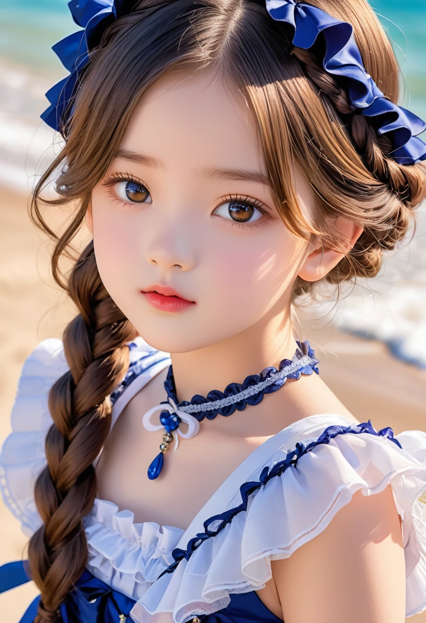 best quality, Super No, Reality, photo of a beautiful woman, 12 years old, Delicate face, Black messy fishtail braid, (Delicate porcelain doll,Elaborate clothing with lots of ruffles and ribbons), beach, (Close-up of face), Attractive appearance, looking at the audience