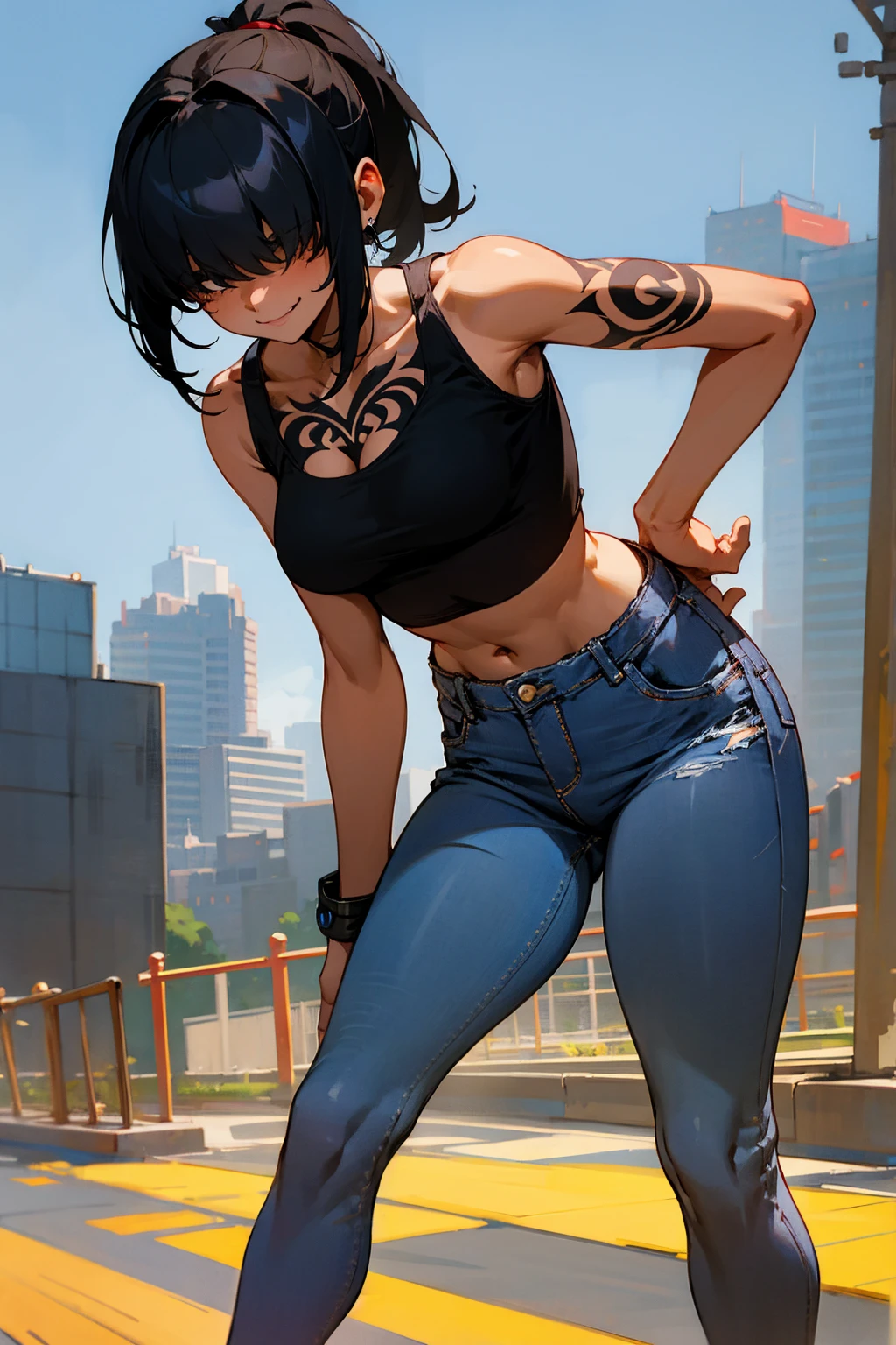 1female, dark skin, black hair, hair over eyes, bangs, ponytail, tanktop, jeans, arm tattoos, smiling, city background, detailed background, hands to side, standing on path