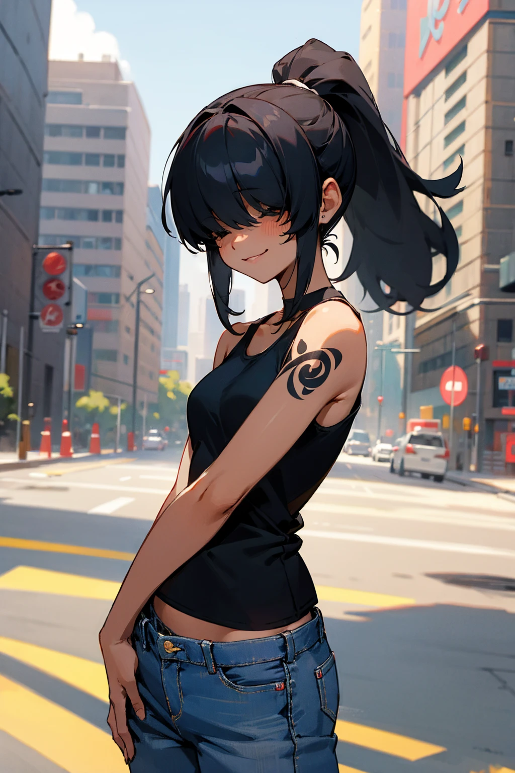 1female, dark skin, black hair, hair over eyes, bangs, ponytail, tanktop, jeans, arm tattoos, smiling, city background, detailed background, hands to side, standing on path