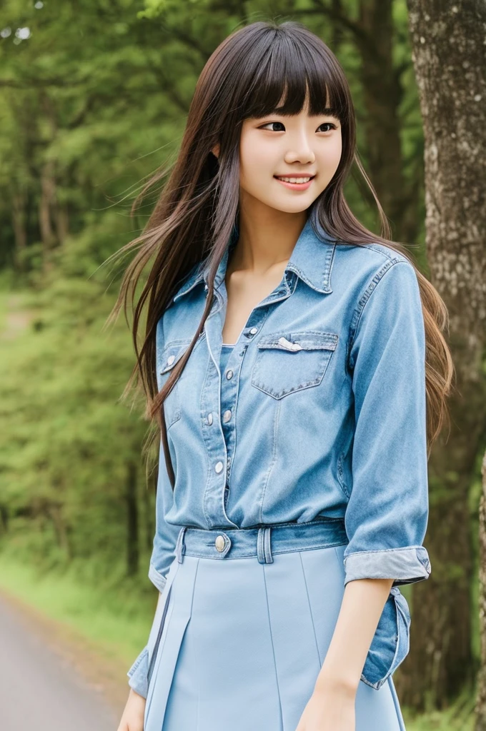 8k、highest quality、masterpiece、超A high resolution、picture、The elegance of beautiful Japanese women、Single-lens reflex camera、There are good ones、A transparent atmosphere、sexy lip、slanted bangs、beautiful face、medium long hair、make bangs、smile、natural soft light、A 22 year old girl wearing a suit、Wore skirts、country road、riding a bicycle