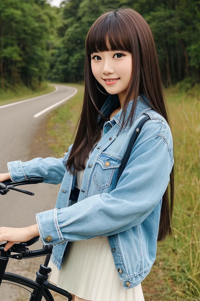 8k、highest quality、masterpiece、超A high resolution、picture、The elegance of beautiful Japanese women、Single-lens reflex camera、There are good ones、A transparent atmosphere、sexy lip、slanted bangs、beautiful face、medium long hair、make bangs、smile、natural soft light、A 22 year old girl wearing a suit、Wore skirts、country road、riding a bicycle