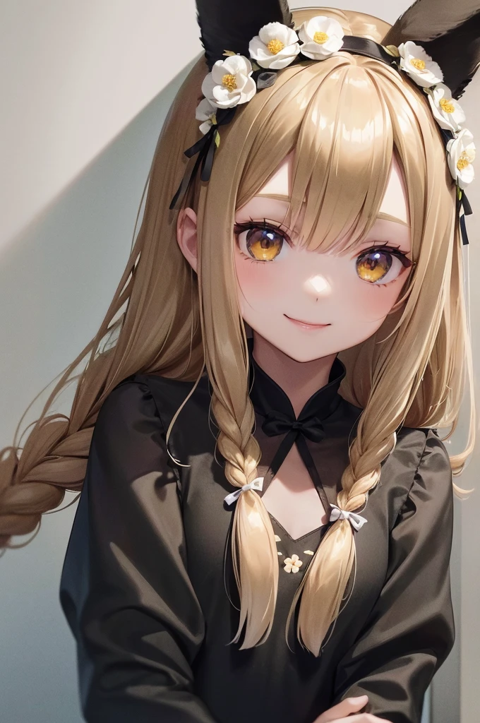 1girl, solo, long hair, looking at viewer, smile, bangs, blonde hair, hair ornament, holding, animal ears, light blonde eyes, upper body, braid, flower, hair flower, bunny ears , twin braids, lips, animal, watermark , rabbit, head crown, holding animal, flower crown
