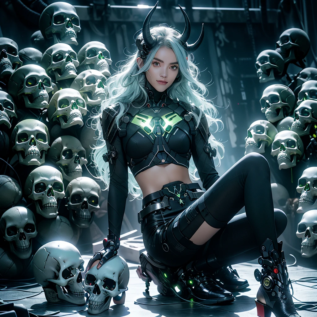 cyborg, 1girl, wasp waist, wide hips, small breasts, light blue hair, cybernetic helmet with metallic luster in the shape of a skull with horns and blue LEDs, CyberskullAI panties, highleg panties futubot CyberskullAI, armor, night time, realistic, masterpiece, ultra detailed, 8k, epic realistic, beautiful