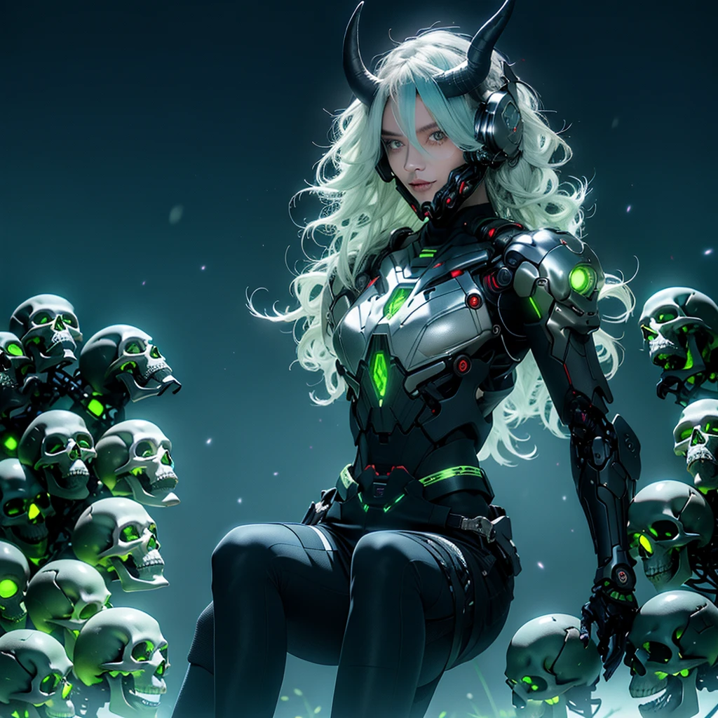 cyborg, 1girl, wasp waist, wide hips, small breasts, light blue hair, cybernetic helmet with metallic luster in the shape of a skull with horns and blue LEDs, CyberskullAI panties, highleg panties futubot CyberskullAI, armor, night time, realistic, masterpiece, ultra detailed, 8k, epic realistic, beautiful