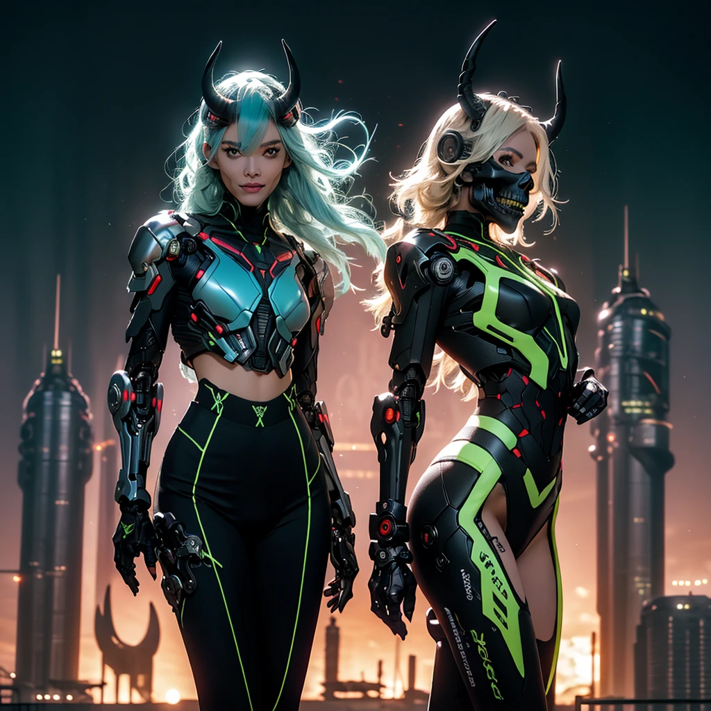 cyborg, 1girl, wasp waist, wide hips, small breasts, light blue hair, cybernetic helmet with metallic luster in the shape of a skull with horns and blue LEDs, CyberskullAI panties, highleg panties futubot CyberskullAI, armor, night time, realistic, masterpiece, ultra detailed, 8k, epic realistic, beautiful