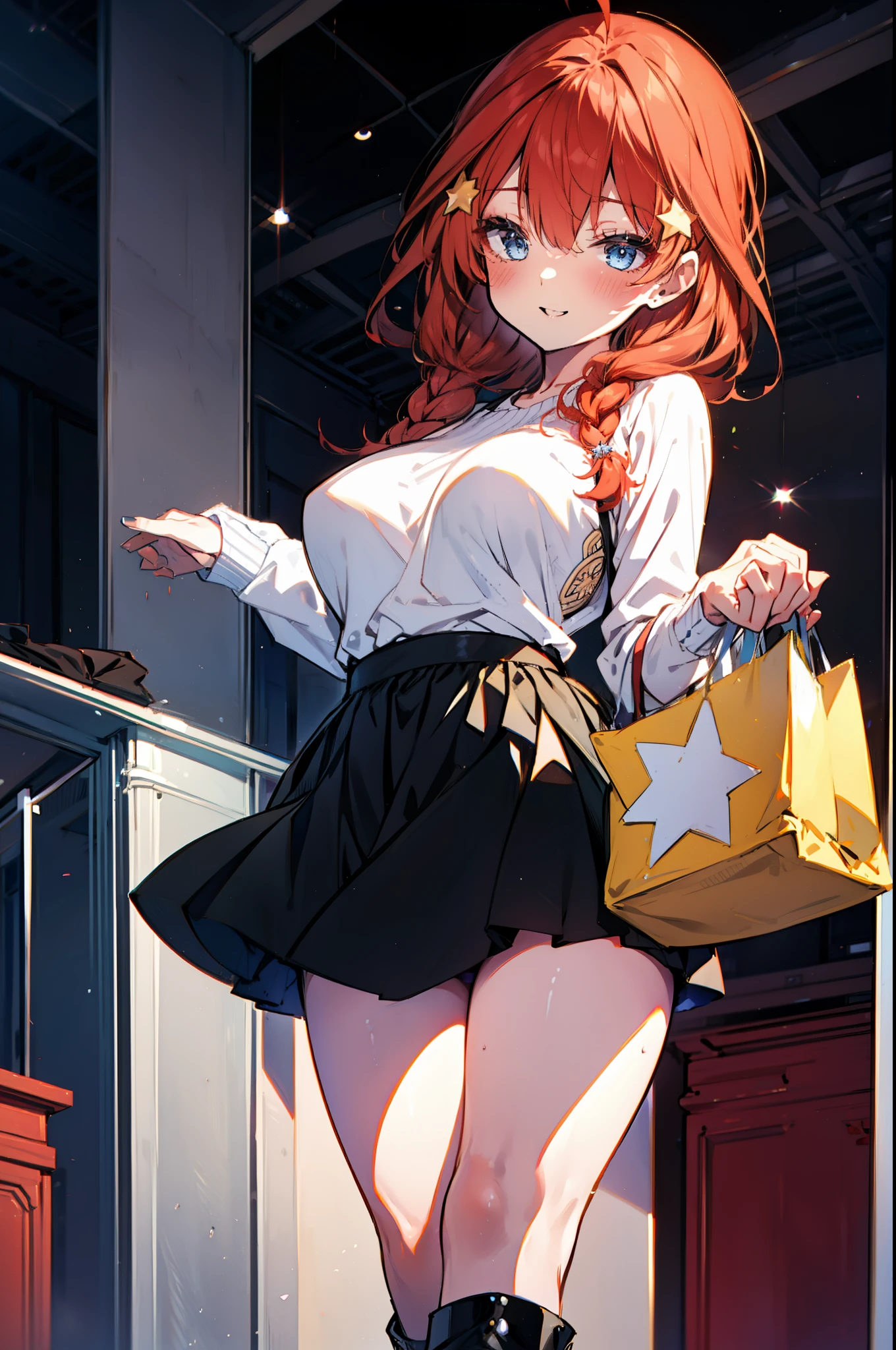 itsukinakano, Itsuki Nakano, bangs, blue eyes, Hair between the eyes, Ahoge, Redhead, star \(symbol\), hair ornaments, star hair ornaments,happy smile, smile, Open your mouth,blush,Akabuchi Glasses,Big Breasts,Long braids,One-shoulder sweater,Long skirt,Black pantyhose,short boots,Daytime,walking,whole bodyがイラストに入るように,crowd, people々々,
break indoors, Shopping mall,
break looking at viewer, whole body,
break (masterpiece:1.2), highest quality, High resolution, unity 8k wallpaper, (figure:0.8), (Beautiful fine details:1.6), Highly detailed face, Perfect lighting, Highly detailed CG, (Perfect hands, Perfect Anatomy),