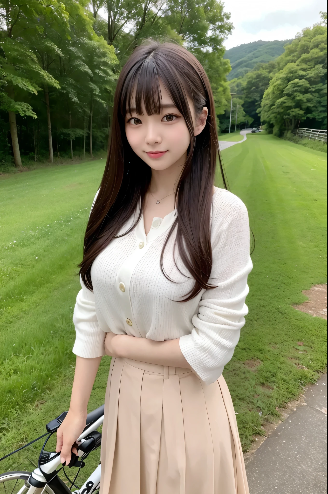 8k、highest quality、masterpiece、超A high resolution、picture、The elegance of beautiful Japanese women、Single-lens reflex camera、There are good ones、A transparent atmosphere、sexy lip、slanted bangs、beautiful face、medium long hair、make bangs、smile、natural soft light、A 22 year old girl wearing a suit、Wore skirts、country road、riding a bicycle