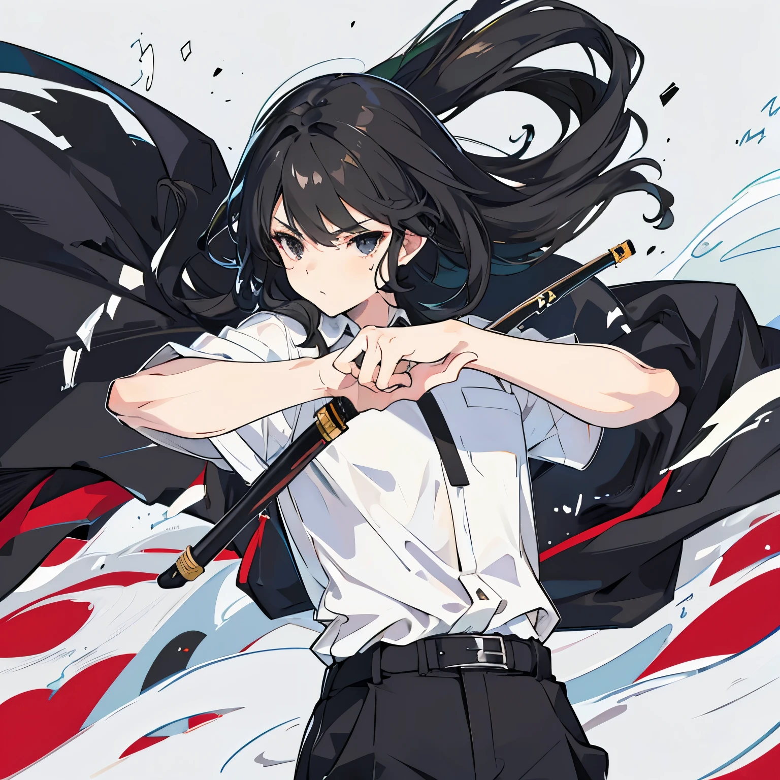 1 boy with shoulder length wavy hair. Black hair. Black eyes. Holding a katana. Wearing a white button up shirt with short sleeves. Black slacks. Serious. Casual stance. (High definition) ((Best Quality))