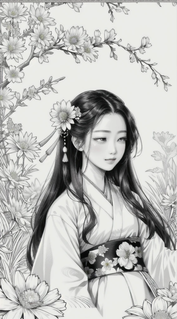 Masterpiece, Best Quality, 1girl, Head Close-up, Hanfu, Fantasy, Flower, Flower Line Drawing Background, Art Line, Monochrome,
