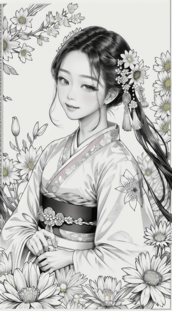 Masterpiece, Best Quality, 1girl, Head Close-up, Hanfu, Fantasy, Flower, Flower Line Drawing Background, Art Line, Monochrome,