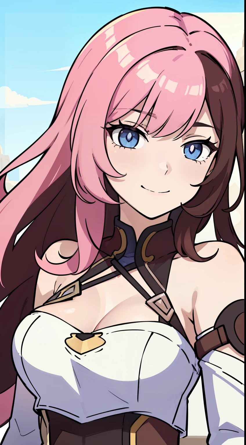 (high-quality, breathtaking),(expressive eyes, perfect face) Symmetrical Eyes, portrait, 1girl, pink and brown hair color, multicolored hair, yellow highlights, bright blue eyes, blue and white armor, black curly hair, wavy hair, bare shoulders, smiling, fantasy armor, Neopolitan RWBY, detached sleeves, long hair length, black shawl
