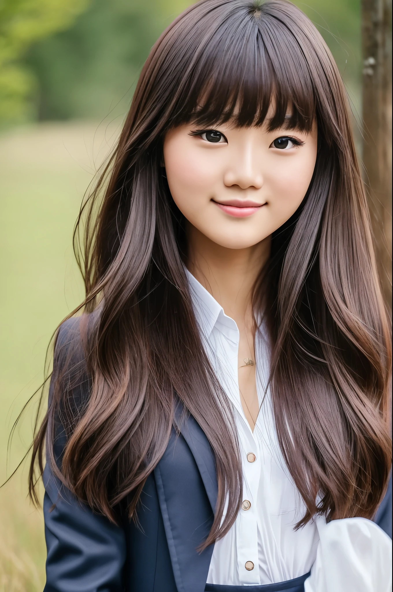 8k、highest quality、masterpiece、超A high resolution、picture、The elegance of beautiful Japanese women、Single-lens reflex camera、There are good ones、A transparent atmosphere、sexy lip、slanted bangs、beautiful face、medium long hair、make bangs、smile、natural soft light、A 22 year old girl wearing a suit、Wore skirts、country road、riding a bicycle