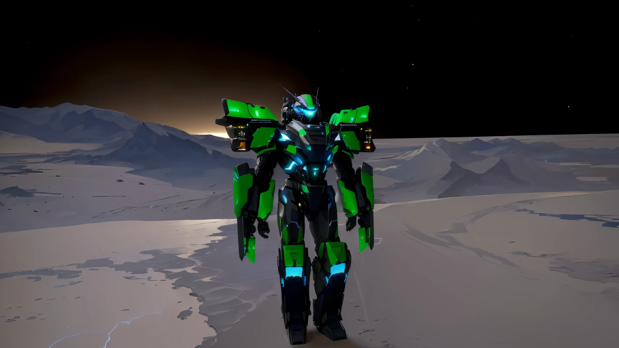 a black colored male transformer with green inserts, symmetrically arranged green parts, on the frontof the body not transparent cabin, on the back - aircraft's wings, arms from elbows to hands look like the front part of a aircraft, wheels are visible on the shoulders, on the legs from knees to the ankle there are aircraft's repulsors and small aircraft's tail wings, no helmet, light blue eyes, two legs, two arms, not a suit, on a background there is an empty dark blue metal desert, no buildings, no structures, dark blue storm clouds, light blue lightning from the clouds, blue river, river to the horizon, electrified river, light blue lightning from the river, space sky, stars in the sky, composition on the metal planet, big metalic planet, dark-blue metal, shiny metal, cybertron, mechanical planet, empty wasteland, dark blue storm clouds, light blue lightning from clouds, blue river, river to horizon, electrized river, light blue lightning from river, space sky, stars on the sky, realistic, watercolor, 4k, high quality, hight attention to details, concept art, concept art by Chris Mowry.
