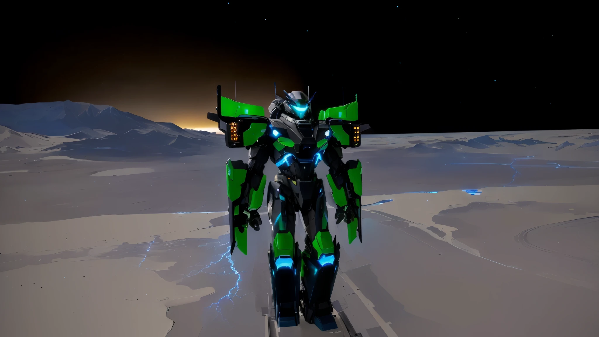 a black colored male transformer with green inserts, symmetrically arranged green parts, on the frontof the body not transparent cabin, on the back - aircraft's wings, arms from elbows to hands look like the front part of a aircraft, wheels are visible on the shoulders, on the legs from knees to the ankle there are aircraft's repulsors and small aircraft's tail wings, no helmet, light blue eyes, two legs, two arms, not a suit, on a background there is an empty dark blue metal desert, no buildings, no structures, dark blue storm clouds, light blue lightning from the clouds, blue river, river to the horizon, electrified river, light blue lightning from the river, space sky, stars in the sky, composition on the metal planet, big metalic planet, dark-blue metal, shiny metal, cybertron, mechanical planet, empty wasteland, dark blue storm clouds, light blue lightning from clouds, blue river, river to horizon, electrized river, light blue lightning from river, space sky, stars on the sky, realistic, watercolor, 4k, high quality, hight attention to details, concept art, concept art by Chris Mowry.