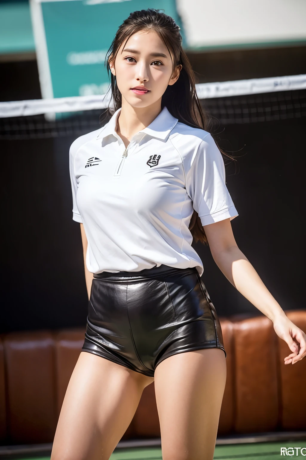 (Photo realism: 1.4), (Surrealism: 1.4), (Practical: 1.3), (soft light: 1.05), (Improved lighting: 0.9), 32k, 1 girl, 20 year old girl, Practical lighting, Backlight, face light, Ray Tracing, (Whitening Light: 1.2), (Image Enhancement: 1.4), ( Top quality leather: 1.4), Narrow your eyes, delicate face, Narrow your eyes, (Body lines, mood boost: 1.1), ??????? that are too large, Large target, (Improve skin quality and beauty: 1.1),volleyball uniform:1.4, indoor_volleyball_court_background:1.4, Thighs Thighs Thighs Thighs, protrude , ??????