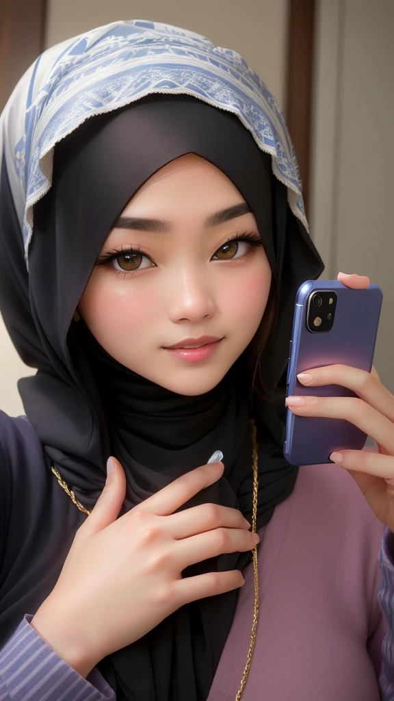 there is a woman taking a selfie with her cell phone, hijab, with accurate face, lovely woman, very beautiful girl, profile pic, real ungine, handsome girl, malaysian, very low quality, with lovely look, attractive girl, leaked, sakimi chan, she is facing the camera, she has a cute face, picture, very clear picture