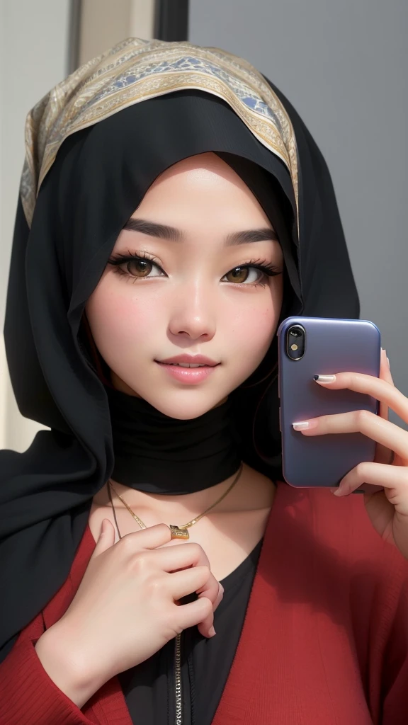 there is a woman taking a selfie with her cell phone, hijab, with accurate face, lovely woman, very beautiful girl, profile pic, real ungine, handsome girl, malaysian, very low quality, with lovely look, attractive girl, leaked, sakimi chan, she is facing the camera, she has a cute face, picture, very clear picture