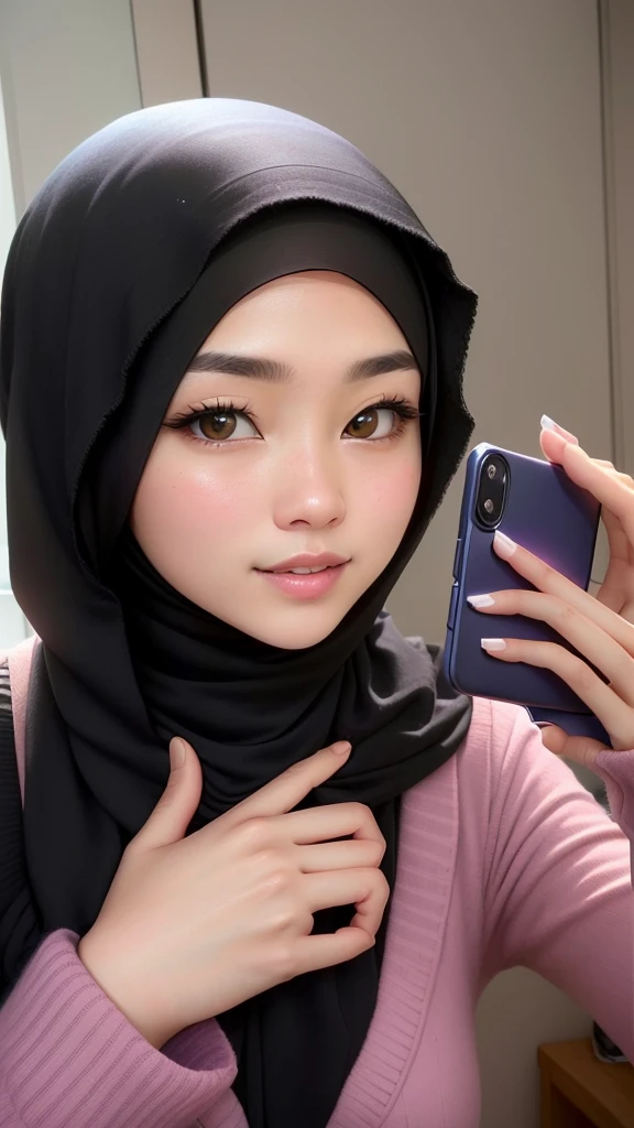 there is a woman taking a selfie with her cell phone, hijab, with accurate face, lovely woman, very beautiful girl, profile pic, real ungine, handsome girl, malaysian, very low quality, with lovely look, attractive girl, leaked, sakimi chan, she is facing the camera, she has a cute face, picture, very clear picture