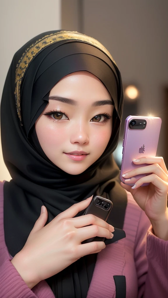 there is a woman taking a selfie with her cell phone, hijab, with accurate face, lovely woman, very beautiful girl, profile pic, real ungine, handsome girl, malaysian, very low quality, with lovely look, attractive girl, leaked, sakimi chan, she is facing the camera, she has a cute face, picture, very clear picture