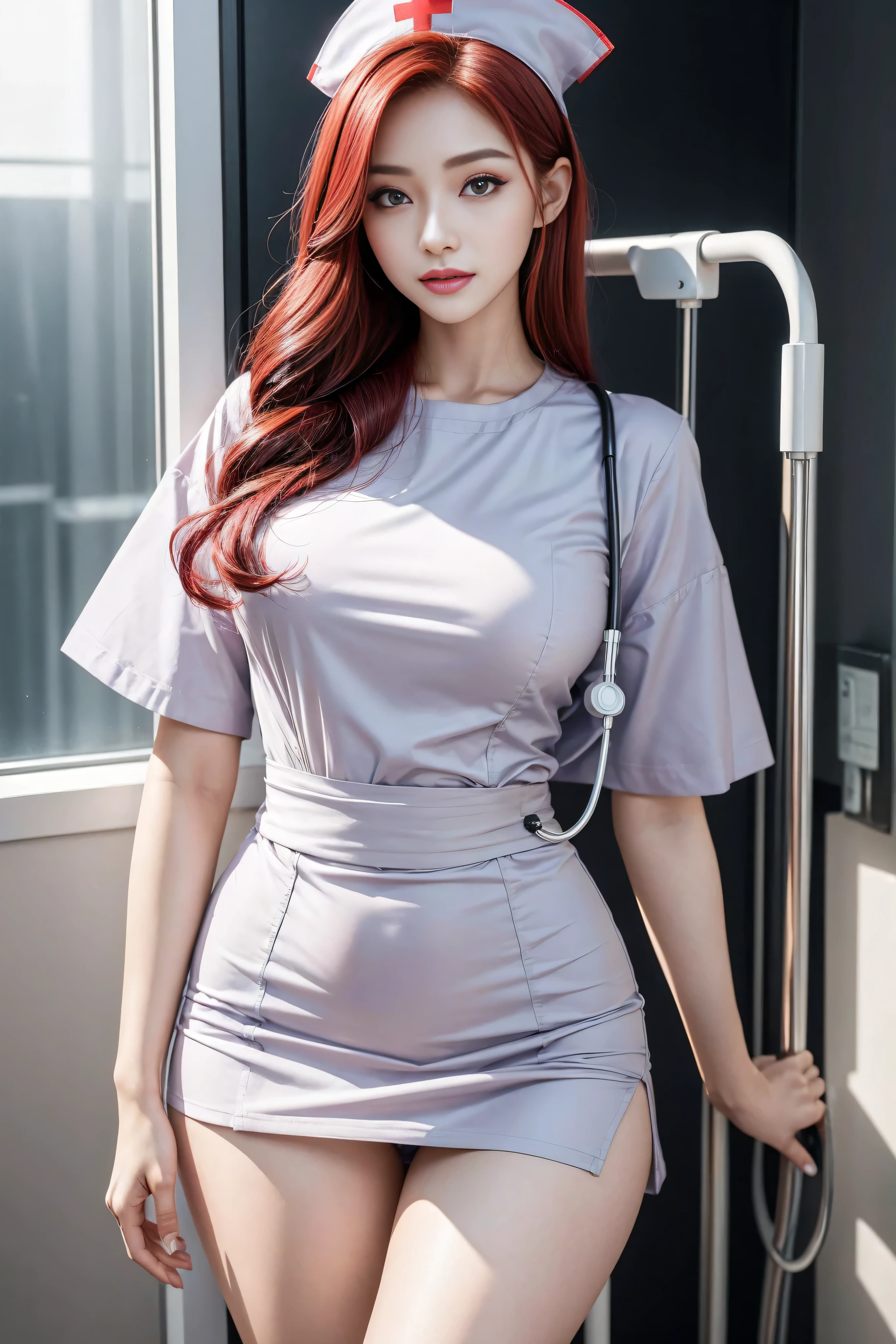 (2 Ultimate Beauty Nurse)、((Realistic lighting, best quality, 8K, masterpiece:1.3)), Lock focus:1.2, Beautiful Women in Perfect Shape:1.4, : Beautiful korean girl, Korean pop idol，Leg length，(Pale skin), (big eyes),（Smile：0.8），（plump sexy lips）， complex and detailed face, ((Super delicate skin))，Delicate face，Super thin face，Narrow your eyes，Double eyelids，((Crimson hair)),(Nurse:1.3)，（nurse hat：1.3）,background： (hospital ward:1.2),，Large depth of field，Super thin face，Narrow your eyes，Double eyelids，（Start from below：1.manner，（Medium bust：1.2），Sexy long legs， （Thigh gap：1.5），Wide hips，S-Shaped Body， Hip lift，Leg length，Full body proportions from the front，