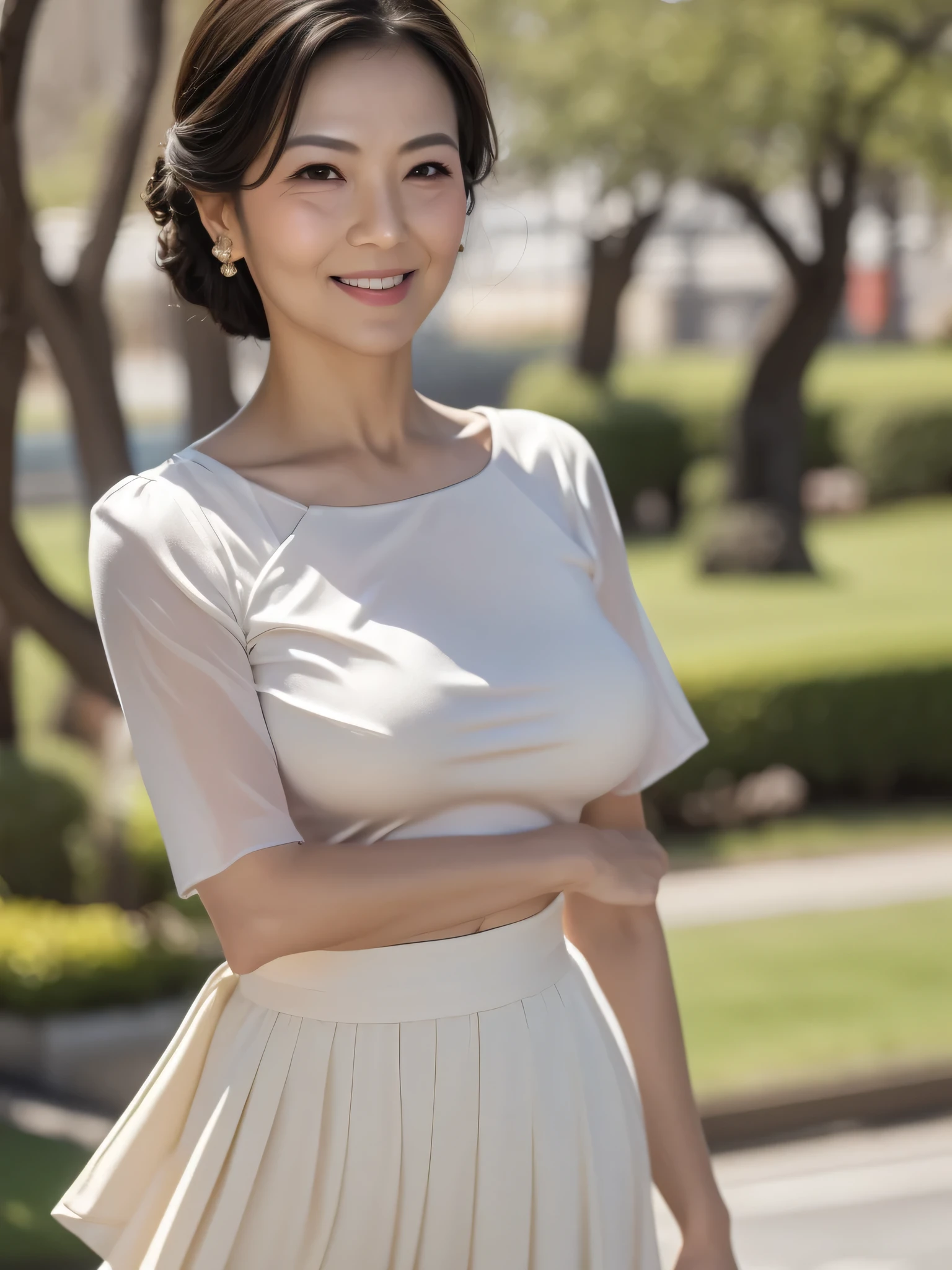 ((highest quality, 8K, Ultra high definition)), ((masterpiece: 1.3)), (Perfect appearance), (Photorealism: 1.6), (JMA), (Portrait of a Japanese mature woman), (Blurred Background: 1.8), (Sunny day in the park), (Woman standing in the shade), ((Looking this way)), ((Realistic skin texture)), (Fine wrinkles all over the skin, Dull skin, Unmoisturized skin, Wrinkles around the eyes, double eyelid, Lower eyelid tear trough, Crying Mole, Dimples), Slightly parted lips, Smiling gently, (Medium wave hairstyle), (A fitted blouse with a wide neckline: 1.2), (Lightweight fabric blouse), (Voluptuous body), (Large Breasts), (Tight long skirt),