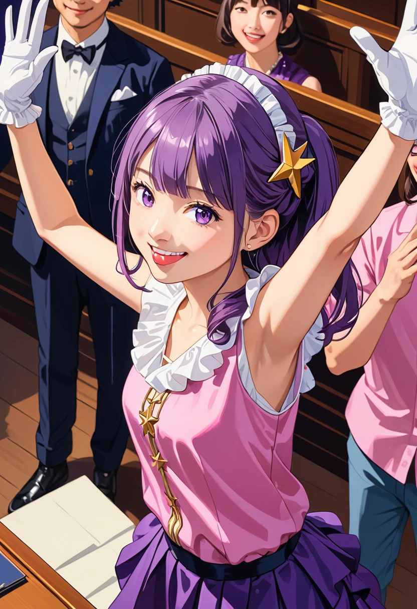 Hosono Ai, Gloves, tongue sticking out, tongue, long hair, Star (symbol), Viewers, (Purple Hair: 1.2), Purple Eyes, Upper Body, Hair accessories, Ruffles, pink shirt, Smile, Sleeveless, shirt, Idol, symbol shaped pupil, Raise your hand, Bangs, one side up, Star-shaped pupils, Raise your arms, pulling clothes, roaring twenties, Isometric, from above, whole body, Rembrandt, illustration, detail, Depth of Field, Looking at the audience, Peace Sign, Raise your hand, tongue out, best quality, high resolution.