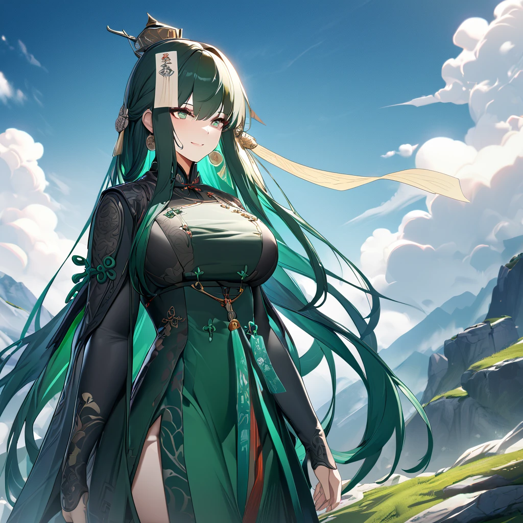 A woman wearing a green dress with classical Chinese aesthetics, dark green hair, long hair, a talisman on her head, green eyes, big breasts, smiling, walking on a hill in Chinese aesthetics, blue sky with clouds,UHD , work- prime, precise, anatomically correct, textured skin, super details, high quality, best quality, 8k, high resolution, bokeh effect. (woman alone)
