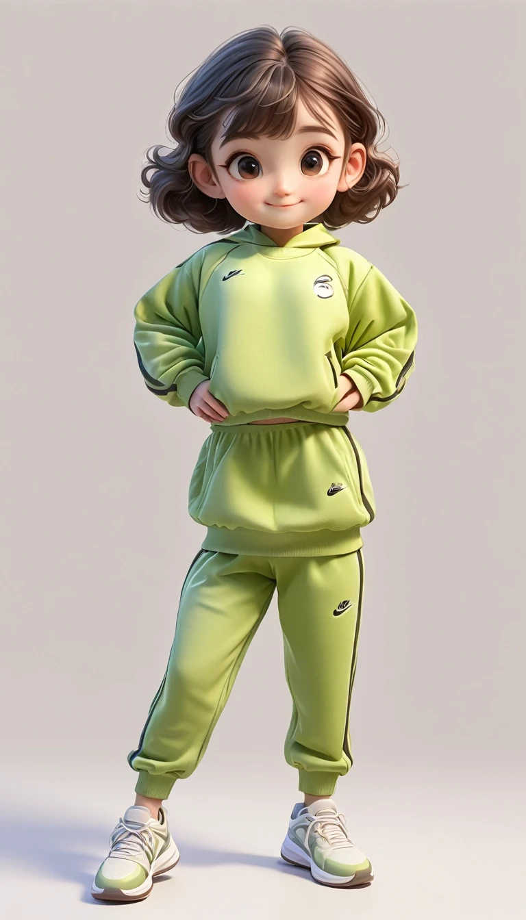 3D，1 girl，Smile，Hands on hips，Sportswear Set，Cartoon Style，Front standing posture ，For the audience，Full body portrait