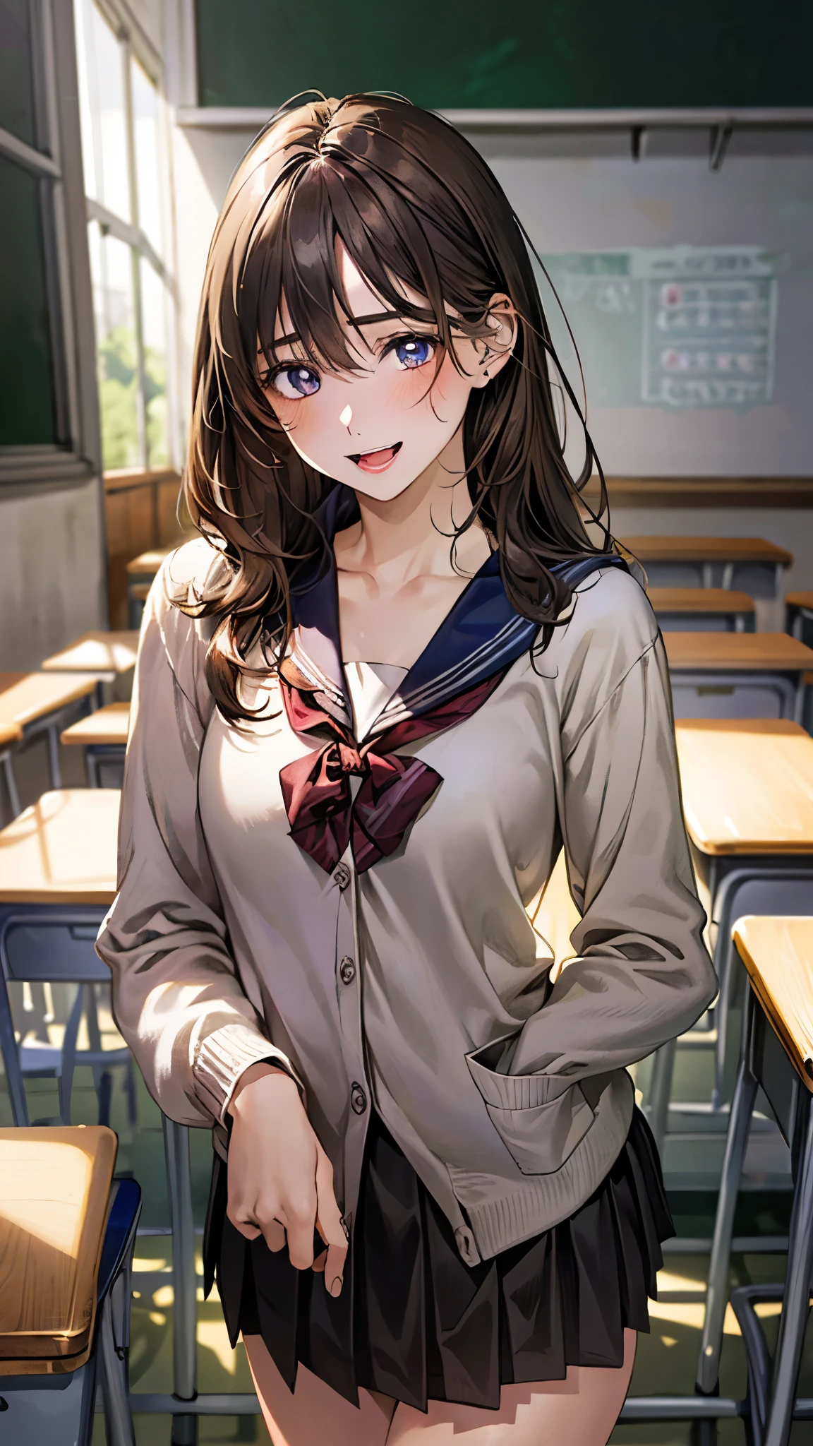 (masterpiece:1.3, top-quality, ultra high res, ultra detailed), (realistic, photorealistic:1.4), beautiful illustration, perfect lighting, natural lighting, colorful, depth of fields, ,
beautiful detailed hair, beautiful detailed face, beautiful detailed eyes, beautiful clavicle, beautiful body, beautiful chest, beautiful thigh, beautiful legs, beautiful fingers, shiny skin, 
looking at viewer, 1 girl, junior high school girl, 12 years old, (perfect anatomy, anatomically correct, super detailed skin), cute and symmetrical face, babyface, perfect face, perfect eyes, 
(long hair, curvy hair, hazel brown hair), hair between eyes, blue eyes, drooping eyes, big eyes, long eye lasher, (medium breasts, thin thighs), skin dendation, 
detailed cloth texture, break, break, ((light purple cardigan)), break, break, ((brown sailor collar, brown pleated skirt)), break, break, dark red bow tie, break, 
(beautiful scenery), day time, (classroom:1.1, blackboard, lecture desk), standing, head tilt, (index finger raised), (lovely smile, upper eyes, open mouth small), 