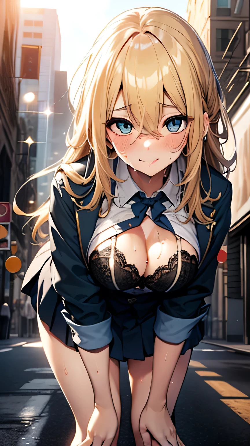 (Highly detailed CG Unity 8k wallpaper),(masterpiece), (highest quality), (Super detailed), (Best illustrations),(Best Shadow), Large Breasts,   Sperm on the face and body,semen,body fluid,Dynamic Angle, whole body, whole body, (Lean forward:1.4), (Lift the chest:1.7）, Whole body concentration, Gradation, city, town, evening, Cute s, 1 girl, alone, (school uniform),  Cleavage, Bra visible under shirt, beautiful  ((beautiful eyes)), Big and ample breasts, smile, blush, Sweat, Glitter effect, Lens flare, Shiny, Shine