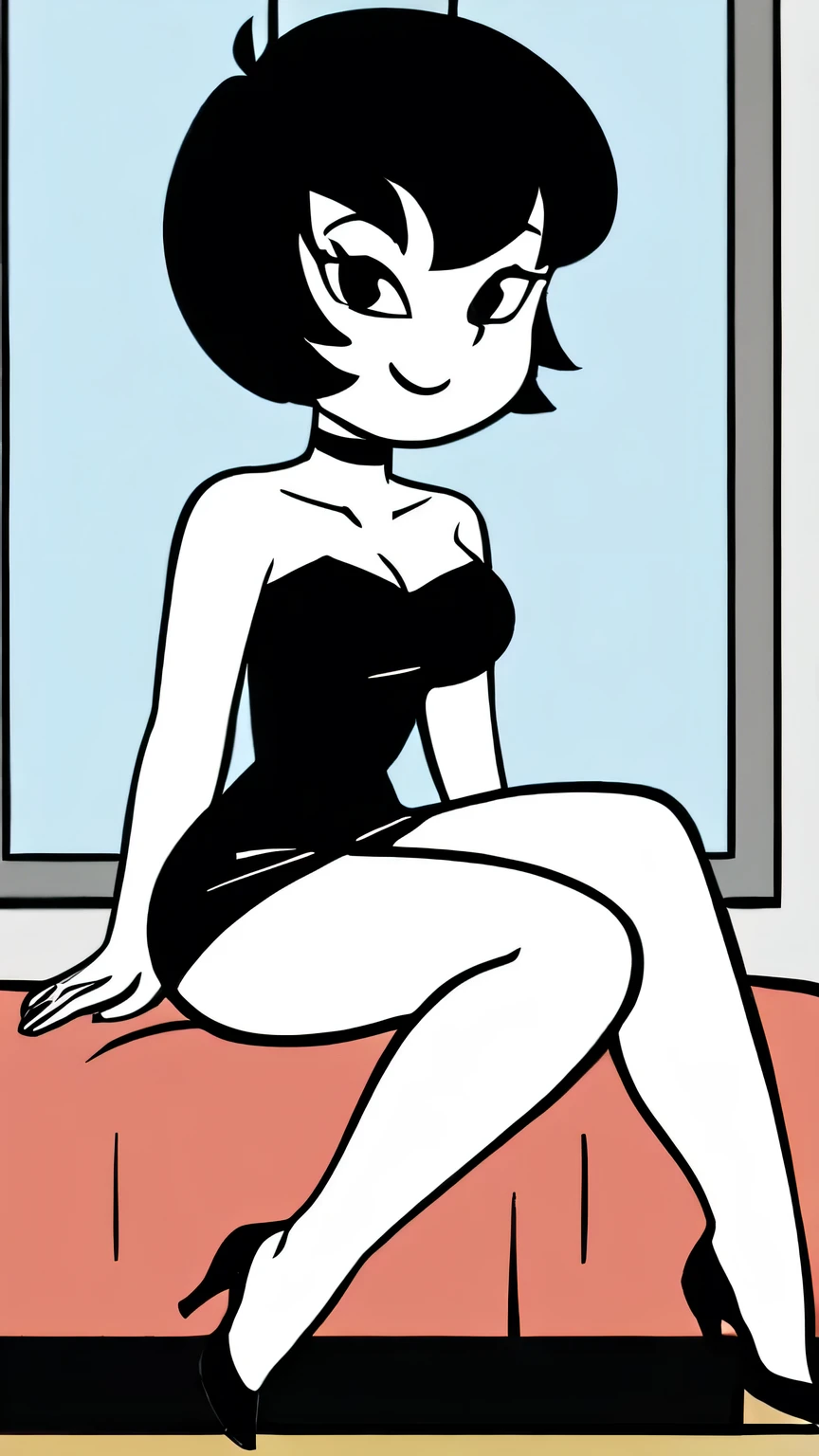 Jucika, digital media, black eyes, black hair, short hair, flat color, flat graphic style, white skin, zPDXL, best quality, amazing quality, score 9, 1girl, collarbone, strapless black tube dress, black chocker, standing in her bedroom with a little blue window, seductive smile, looking at viewers, sitting on her bed, black high heels