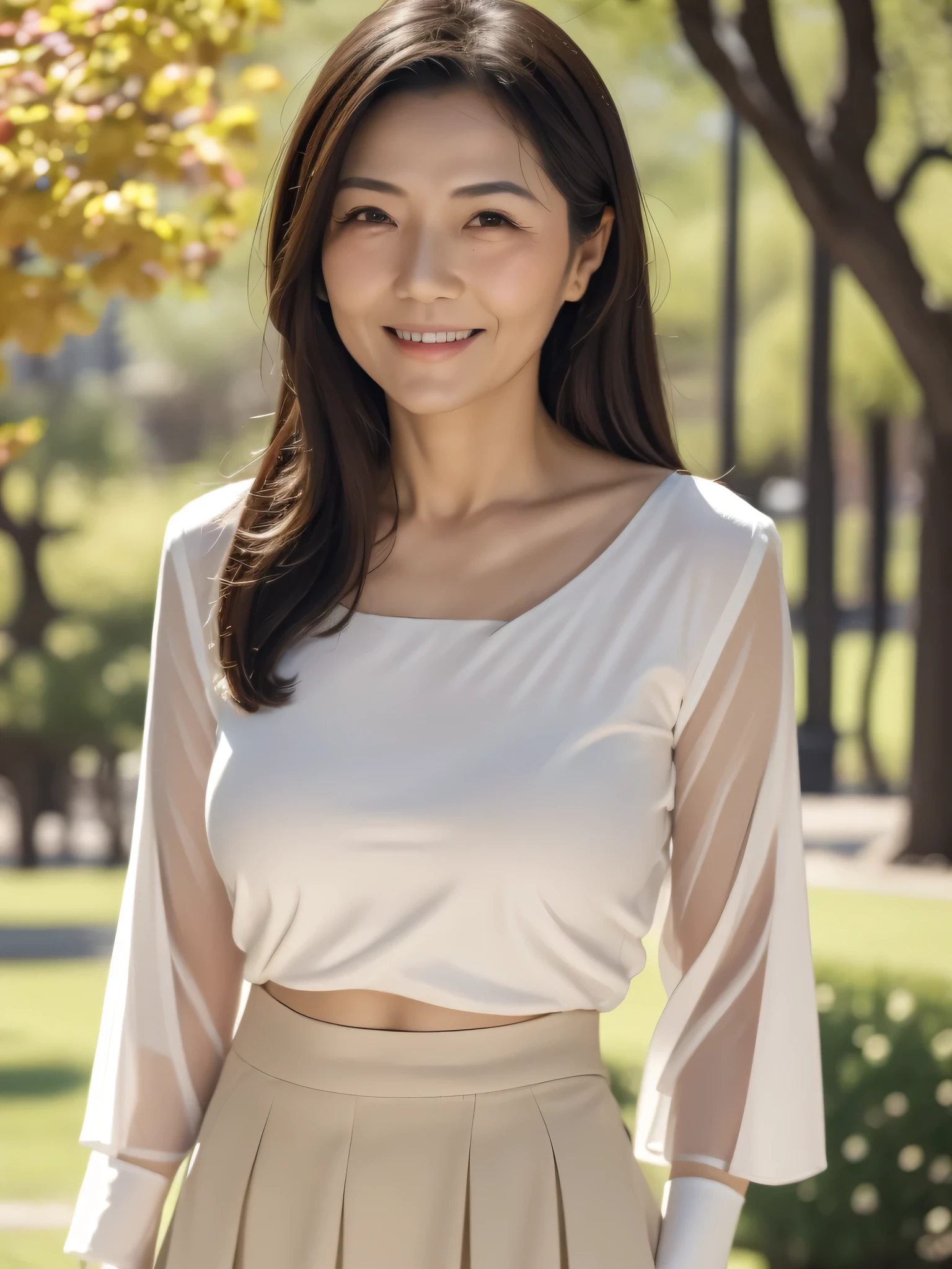 ((highest quality, 8K, Ultra high definition)), ((masterpiece: 1.3)), (Perfect appearance), (Photorealism: 1.6), (JMA), (Portrait of a Japanese mature woman), (Blurred Background: 1.8), (Sunny day in the park), (Woman standing in the shade), ((Looking this way)), ((Realistic skin texture)), (Fine wrinkles all over the skin, Dull skin, Unmoisturized skin, Wrinkles around the eyes, double eyelid, Lower eyelid tear trough, Crying Mole, Dimples), Slightly parted lips, Smiling gently, (Medium wave hairstyle), (A fitted blouse with a wide neckline: 1.2), (Lightweight fabric blouse), (Voluptuous body), (Large Breasts), (Tight long skirt),