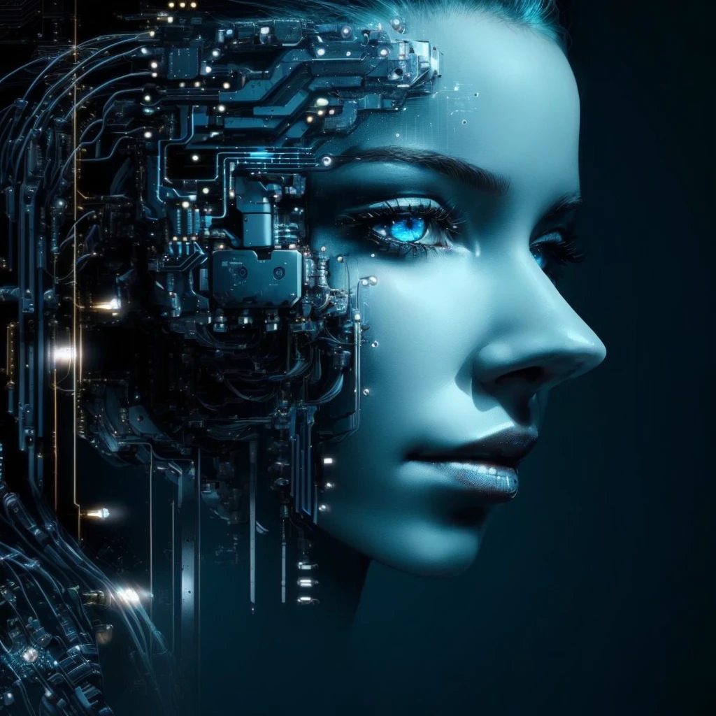 a woman with a circuit on her head and a circuit on her face, mulher ciborgue, ciborgue - garota, female face of cybernetic machine, robot with human face, transumano intrincado, Artificial intelligence, cyber faces, garota ciborgue, strong Artificial intelligence, Portrait of a female android, humano digital, robotic face, detailed face of an android, mulher humanoide