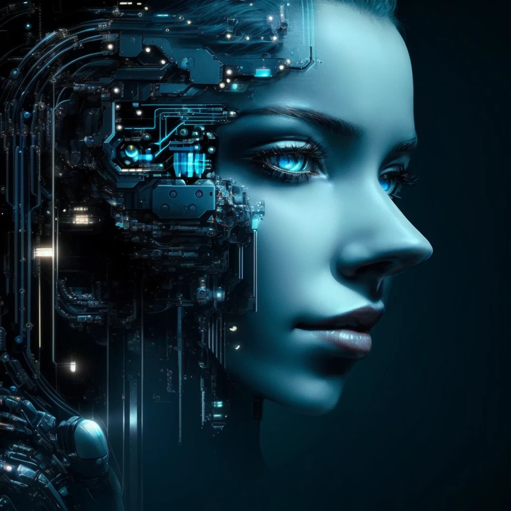 a woman with a circuit on her head and a circuit on her face, mulher ciborgue, ciborgue - garota, female face of cybernetic machine, robot with human face, transumano intrincado, Artificial intelligence, cyber faces, garota ciborgue, strong Artificial intelligence, Portrait of a female android, humano digital, robotic face, detailed face of an android, mulher humanoide