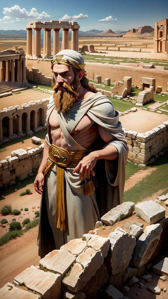 Male Titan, dark skinned muscular body, hairy chest, white hair, green eyes, Greek cloak clothing, naked, visible member, amazing lighting, greek temple.