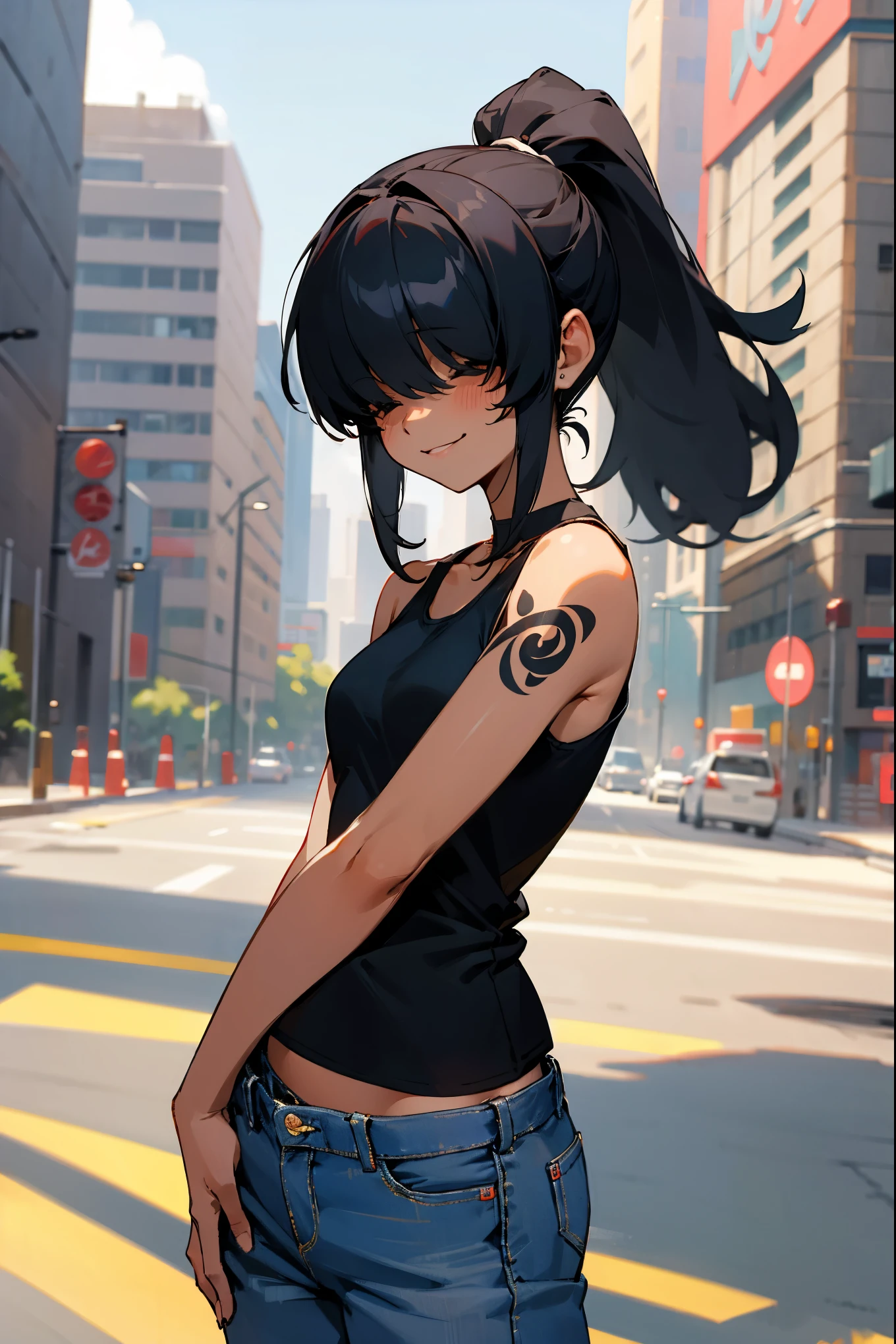 1female, dark skin, black hair, hair over eyes, bangs, ponytail, tanktop, jeans, arm tattoos, smiling, city background, detailed background, hands to side, standing on path