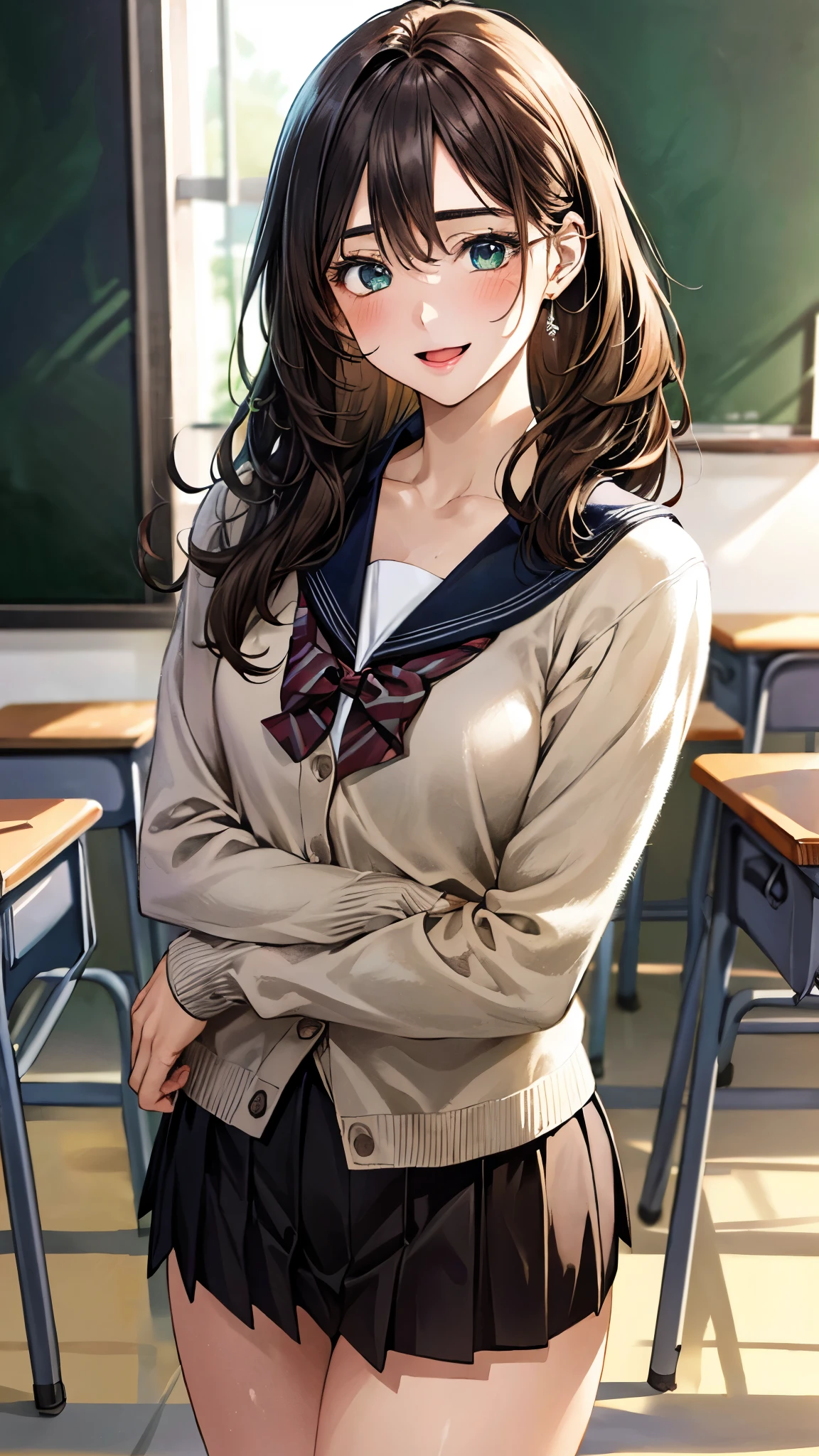 (masterpiece:1.3, top-quality, ultra high res, ultra detailed), (realistic, photorealistic:1.4), beautiful illustration, perfect lighting, natural lighting, colorful, depth of fields, ,
beautiful detailed hair, beautiful detailed face, beautiful detailed eyes, beautiful clavicle, beautiful body, beautiful chest, beautiful thigh, beautiful legs, beautiful fingers, shiny skin, 
looking at viewer, 1 girl, junior high school girl, 12 years old, (perfect anatomy, anatomically correct, super detailed skin), cute and symmetrical face, babyface, perfect face, perfect eyes, 
(long hair, curvy hair, hazel brown hair), hair between eyes, aqua eyes, drooping eyes, big eyes, long eye lasher, (medium breasts, thin thighs), skin dendation, 
detailed cloth texture, break, (light purple cardigan), break, (brown sailor suit, brown pleated skirt), break, break, dark red bow tie, break, 
(beautiful scenery), day time, (classroom:1.1, blackboard, lecture desk), standing, head tilt, (index finger raised), (lovely smile, upper eyes, open mouth small), 