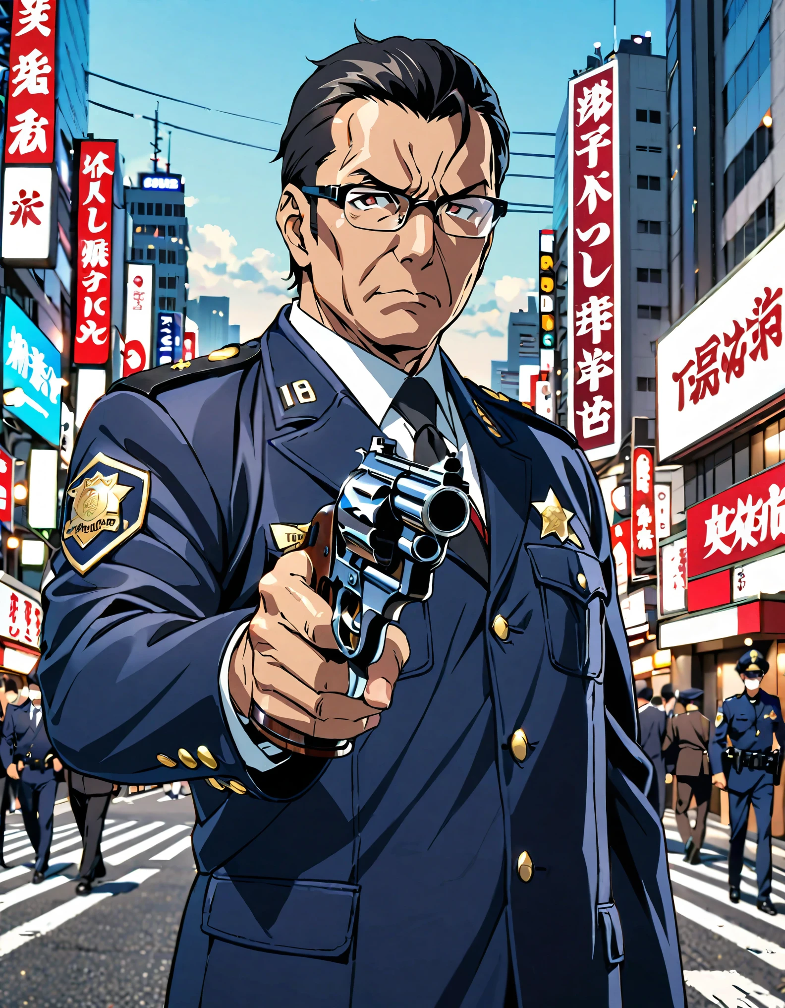 masterpiece, high quality, 1boy, middle aged man, anime style, japanese policeman, police captain, police commissioner, black hair, hazel eyes, glasses, (holding a gun, holding a pistol, holding a 357 magnum revolver), tokyo city street backdrop, solo, solo focus