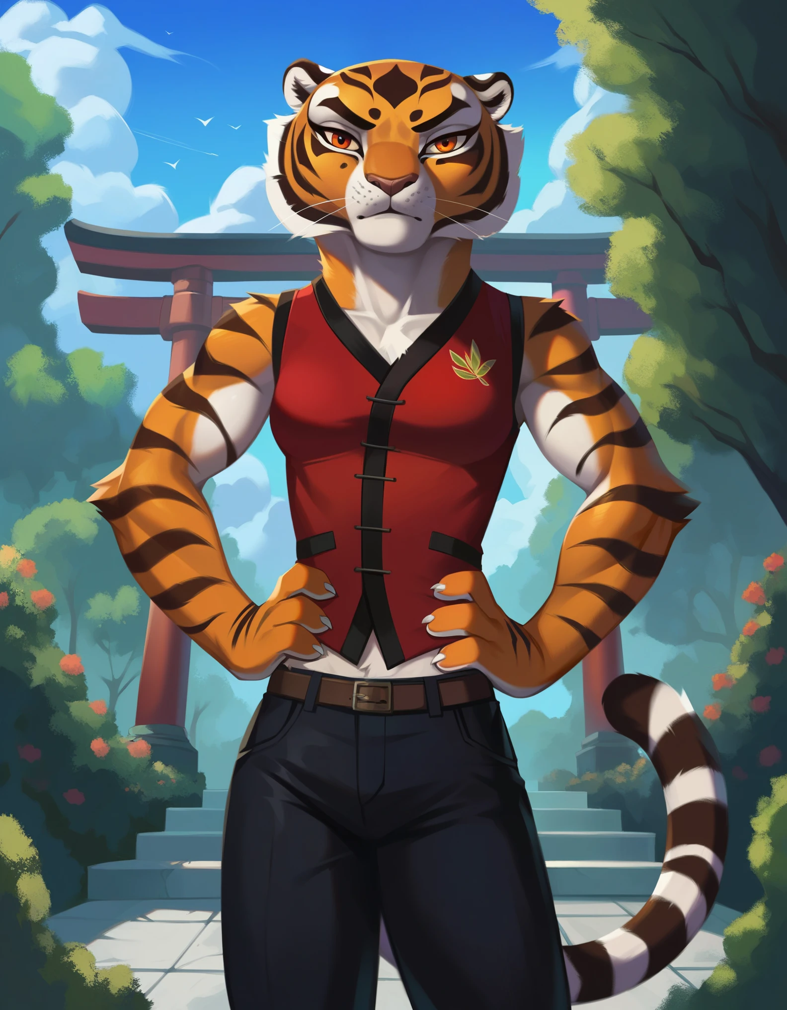 score_9, score_8_up, score_7_up, source_furry, 1girl, Master tigress, furry, tiger, small breasts, red vest, black pants, tail, looking at viewer, serious, standing, hands on hips, outside, garden, red torii, trees, blue sky,