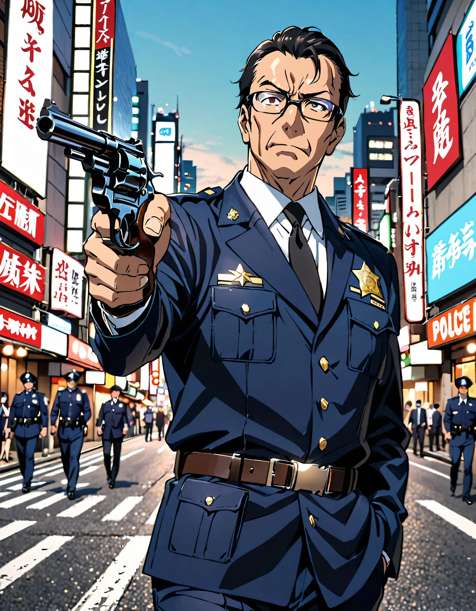 masterpiece, high quality, 1boy, middle aged man, anime style, japanese policeman, police captain, police commissioner, black hair, hazel eyes, glasses, (holding a gun, holding a pistol, holding a 357 magnum revolver), tokyo city street backdrop, solo, solo focus